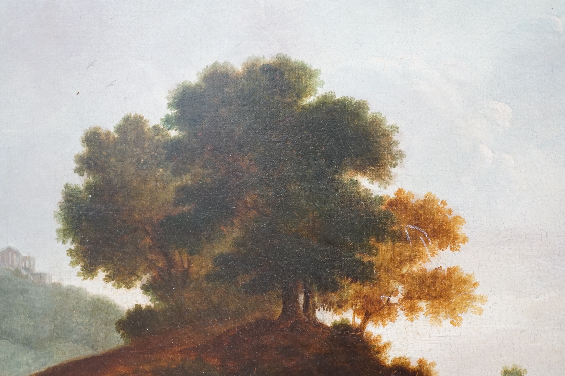 19th century, English school, oil on canvas, Pastoral landscape, 43 x 48cm, gilt frame. Condition - fair, relined